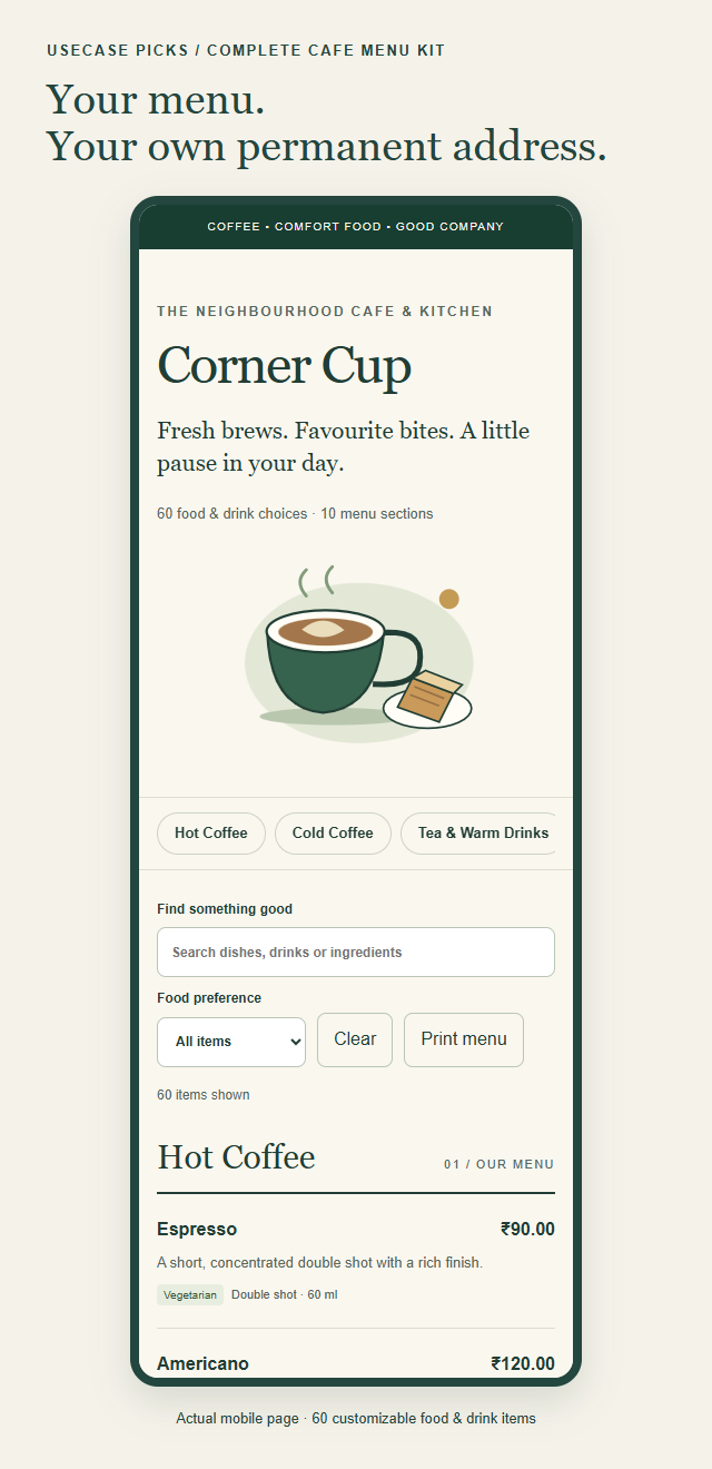 Actual mobile view of the complete Corner Cup cafe menu template, showing category navigation, search and coffee items.