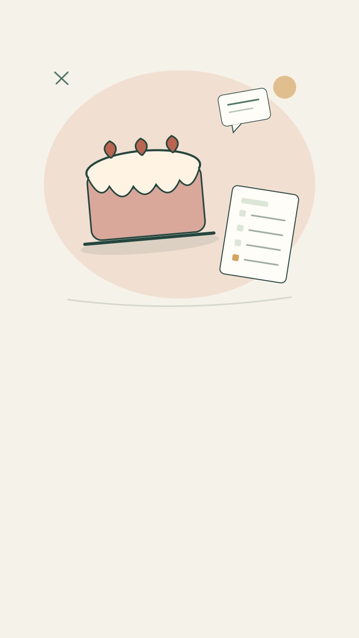 Illustrated enquiry card beside a decorated cake