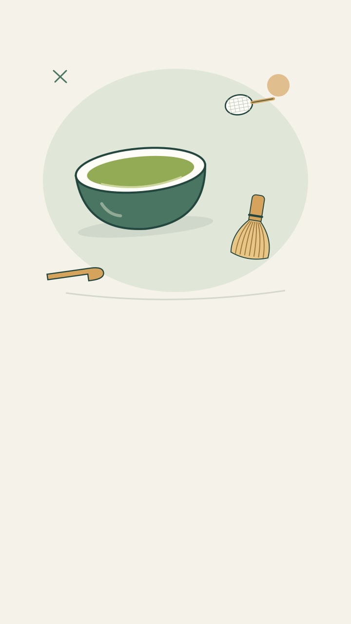 Illustrated matcha bowl, bamboo whisk, sieve and scoop